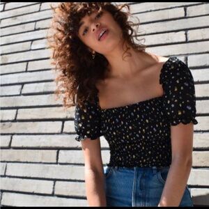 Reformation Black Floral Smocked Top Puff Sleeve Square Neck Medium